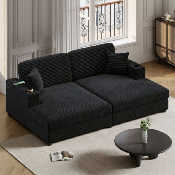 TiramisuBest 86.5" Corduroy Loveseat Sleeper Sofa Bed with Chaise Lounge, 2 USB Ports, 2 Cup Holders & Pillows,Black