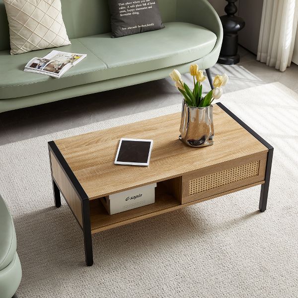 TiramisuBest 40.16" Modern Coffee Table, Rattan Design with Sliding Door Storage & Metal Legs, Natural