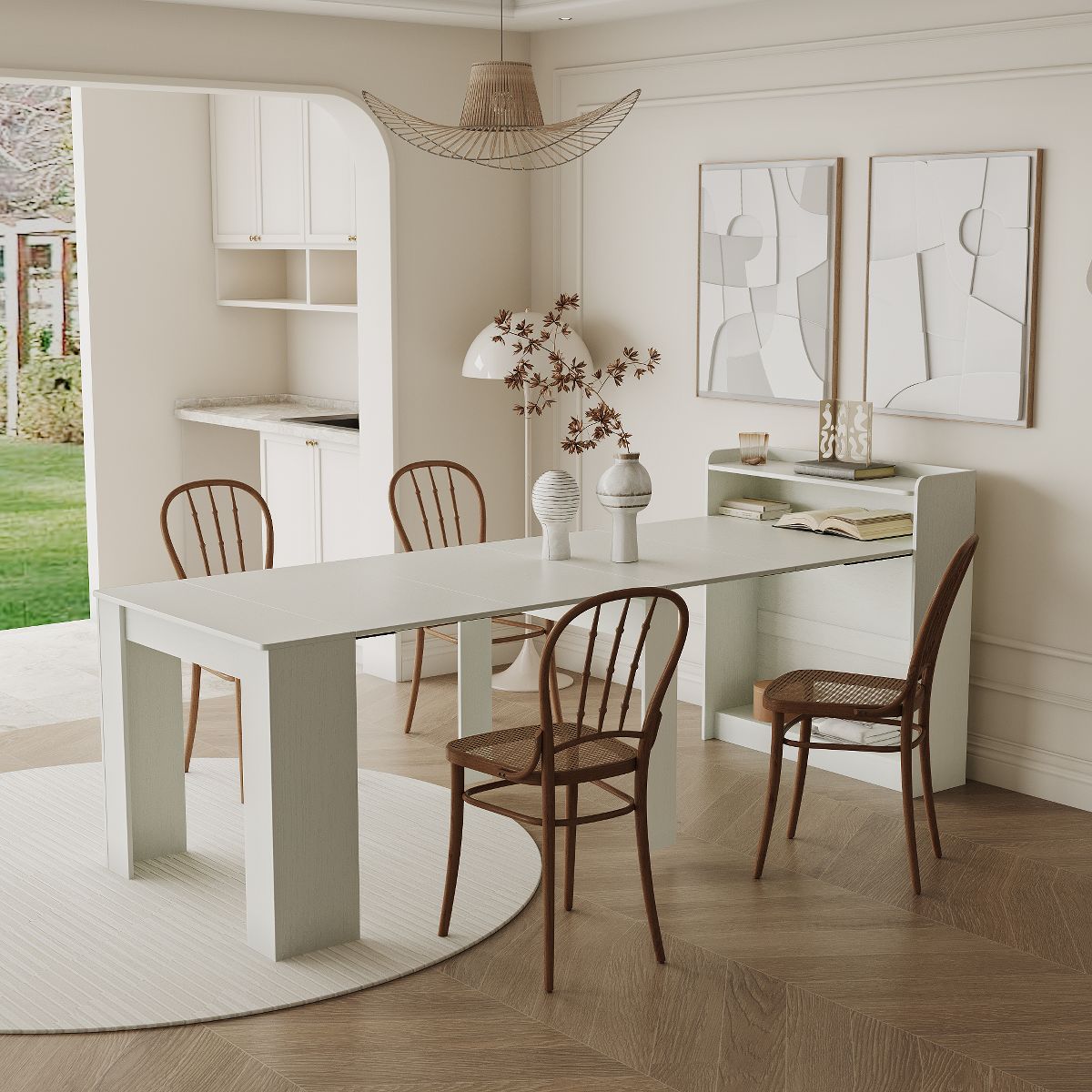 TiramisuBest White Extendable Dining Table, Modern MDF Table with Storage for Small Spaces and Living Areas