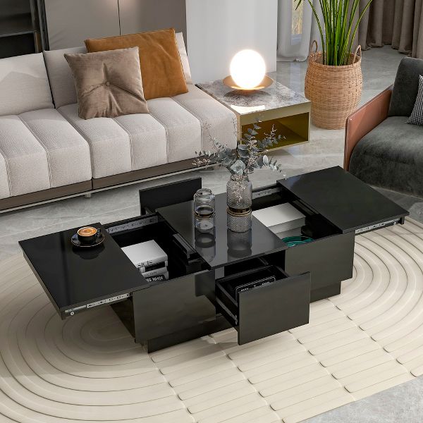 TiramisuBest Modern Coffee Table, 39.3"x21.6" Black High-Gloss with Sliding Top, Storage & Drawers,Black