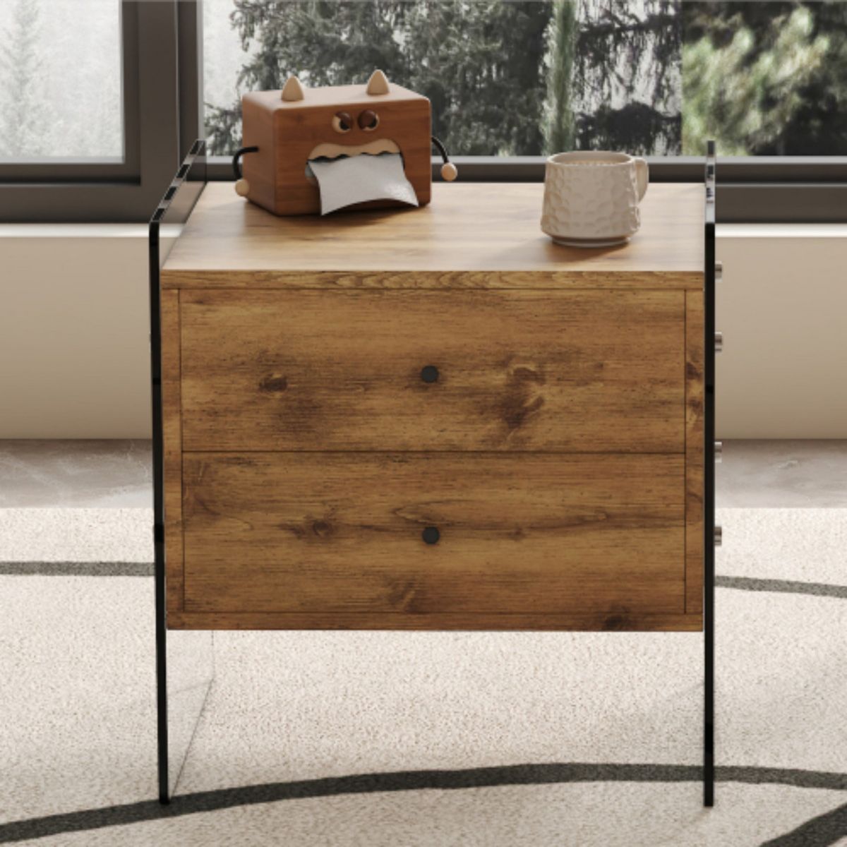 TiramisuBest 2-Drawer Bedside Table, MDF & Tempered Glass Sides for Modern Elegant Storage,Wood