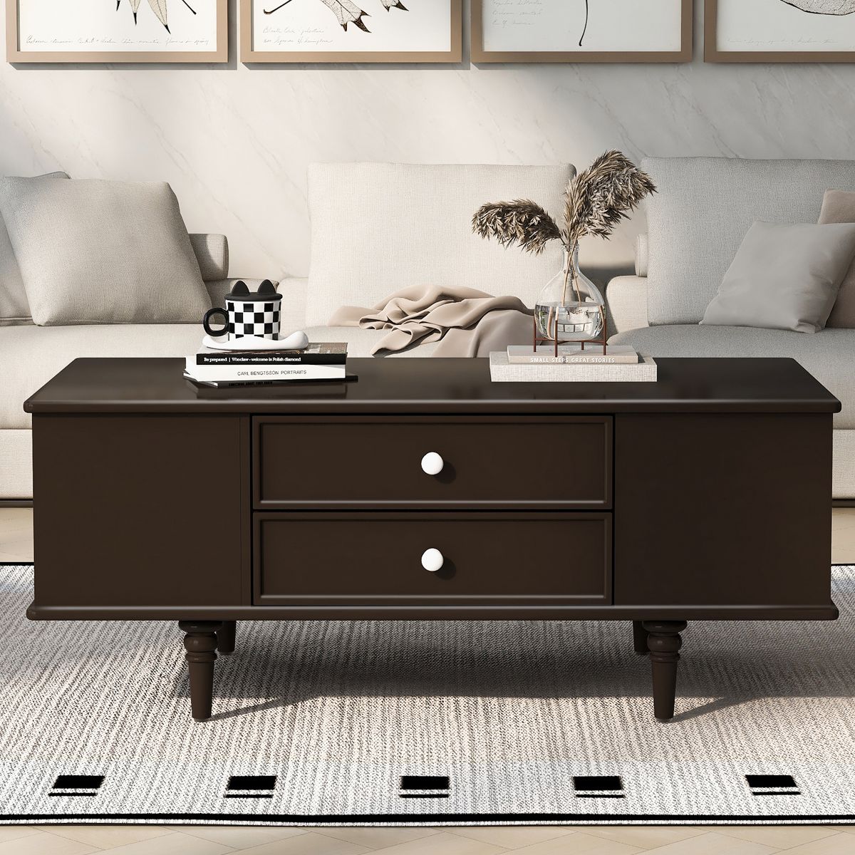 TiramisuBest Modern Coffee Table, 47.2" Rectangle Table with Solid Wood Legs, 4 Drawers & Side Storage,Brown