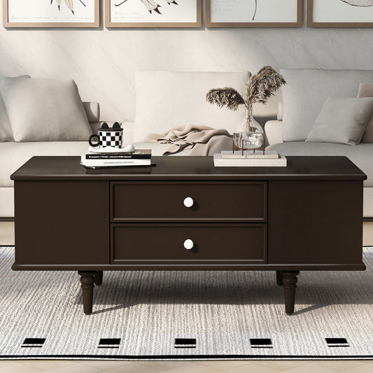 TiramisuBest Modern Coffee Table, 47.2" Rectangle Table with Solid Wood Legs, 4 Drawers & Side Storage,Brown