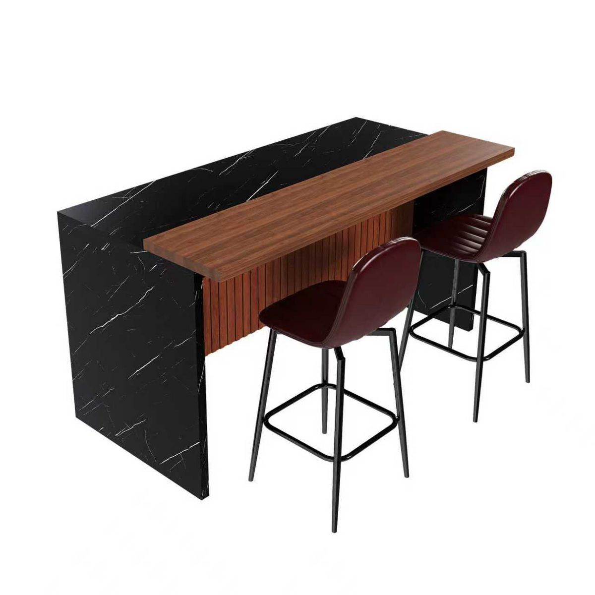 TiramisuBest Modern 63" Kitchen Island Set, Black Marble-Look Surface with LED Lighting, Grill Design & 2 Dark Brown Bar Stools