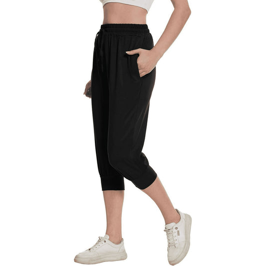 Women's Cargo Capri Sweatpants Hiking Joggers Cropped Pants Lightweight Quick Dry Athletic Workout Leggings Casual Outdoor Shorts Black