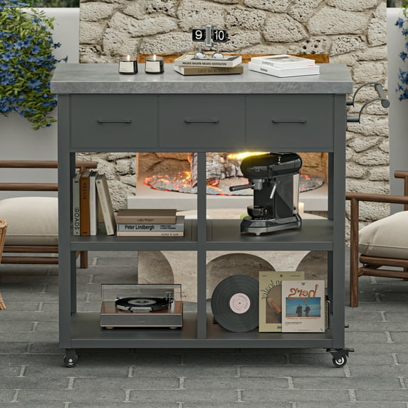 Modern Shade Outdoor Grill Cart with Marble Countertop & Drawers, 39"W BBQ Table with Locking Casters