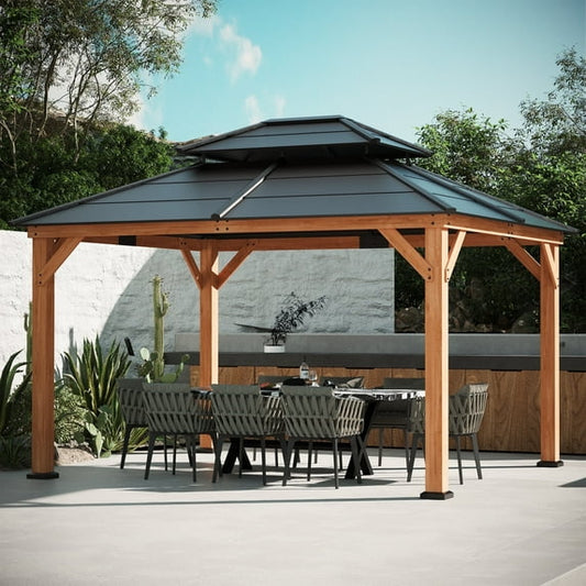 Modern Shade 11‘x13’ Cedar Gazebo with Galvanized Steel Roof & Hooks for Backyard Garden