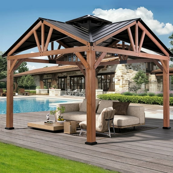 Modern Shade 12'x12' Cedar Hardtop Gazebo - Weatherproof Steel Roof, Permanent Outdoor Structure with FSC-Certified Wood Frame & Rust-Resistant Hardware