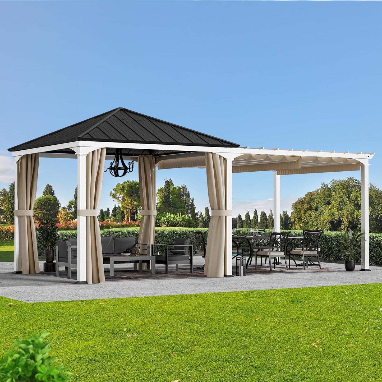 ModernShade 10'x20' Pergola Hybrid Gazebo with Adjustable Shade Fabric,Hardtop Roof,Privacy Curtains,Black and White