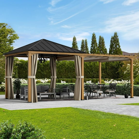 ModernShade 10'x20' Pergola Hybrid Gazebo with Adjustable Shade Fabric,Hardtop Roof,Privacy Curtains,Brown