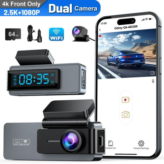 ODREY Dash Cam Front and Rear, 2.5K+1080P WDR Dash Camera for Cars, 4K Single Front Built-in WiFi Car Camera with G-Sensor, Super Night Vision, 64GB Card, Loop Recording, Parking Mode