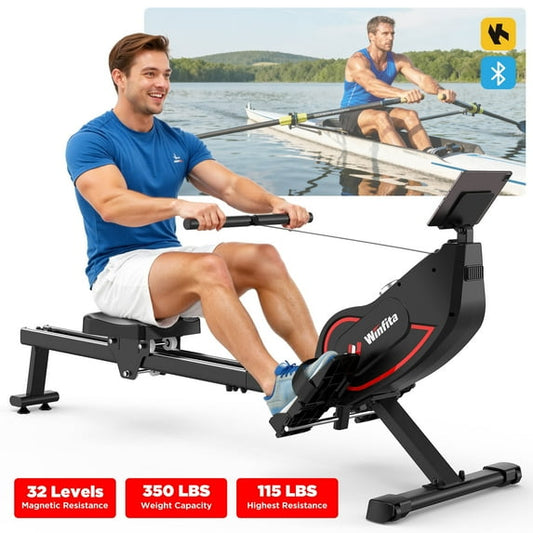 Self-Powered Magnetic Rowing Machine with 32-Level Electromagnetic Resistance, Dual Rail Design, Foldable Quiet Rowing Rower for Home Gym, 42" Inseam Length for Tall Rowers