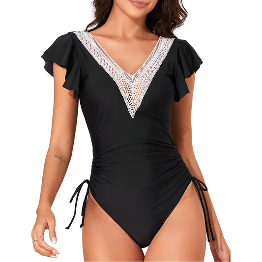 SOMER Women's One Piece Swimsuit Tummy Control Bathing Suits Ruffle Sleeves Slimming Swimwear