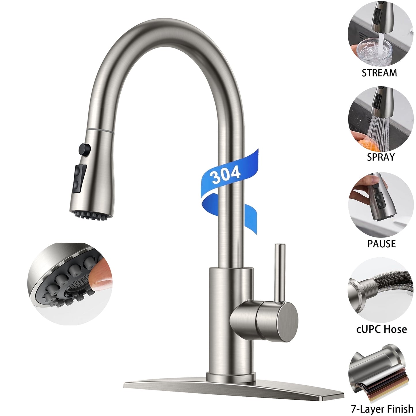 TVOFEK Kitchen Faucet with Pull Down Sprayer, Brushed Nickel Stainless Steel Kitchen Water Faucet with Deck Plate for 1 or 3 Hole, Single Handle Classic Faucets for RV Laundry Bar
