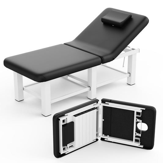Stationary Massage Table Folding Bed with Backrest for Treatment Table Physical Therapy Table Spa Facial Bed, Metal Frame PU Leather, 30.5'' Wide × 75'' Long - Black