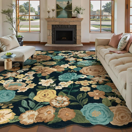 WIPONKEN 8x10 Floral Area Rugs Machine Washable Non-Slip Botanical Scalloped Rug for Living Room Bedroom, Modern Farmhouse Floor Mat with Vintage Flowers Pattern, Home Decor Indoor Low Pile Black