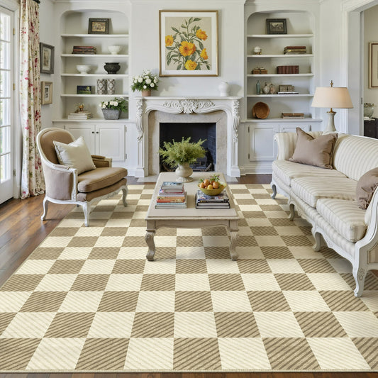 WIPONKEN 8x10 Checkered Area Rug Non-Slip Farmhouse Washable Carpet for Entryway, Bedroom, Living Room, Kitchen, Bathroom Soft Indoor Door Mat