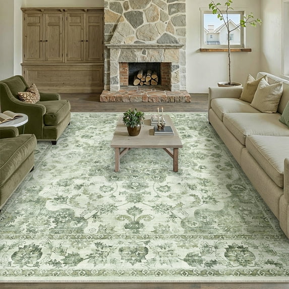 WIPONKEN 8x10 Area Rugs for Living Room Bedroom Dining Room Office Farmhouse, Machine Washable Non Slip Vintage Persia Rug Green