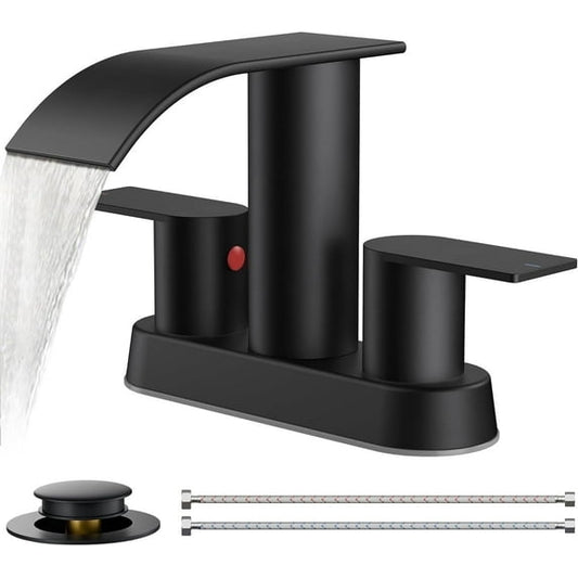 TVOFEK Waterfall Centerset Bathroom Faucets for 2 or 3 Hole with Metal Pop up Drain and cUPC Hose, 4 inch Matte Black Two Handles Basin Sink Faucet for Vanity RV Lavatory