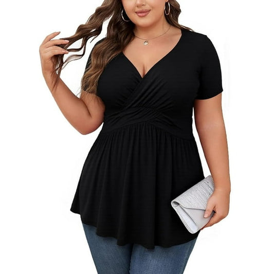 SOMER 2025 Women's Plus Size Tops V Neck Short Sleeve Plus Size Tunic Tops for Women Dressy Wrap Shirts