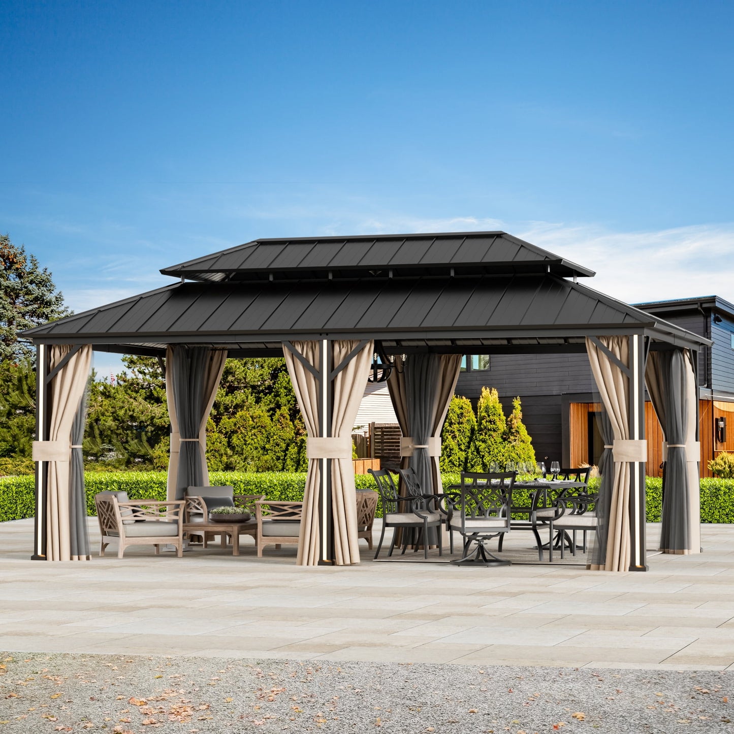 FONA 12'x20' Steel Roof Gazebo w/ 6 LED Lights,Curtains,Netting&USB Charging Port,Black