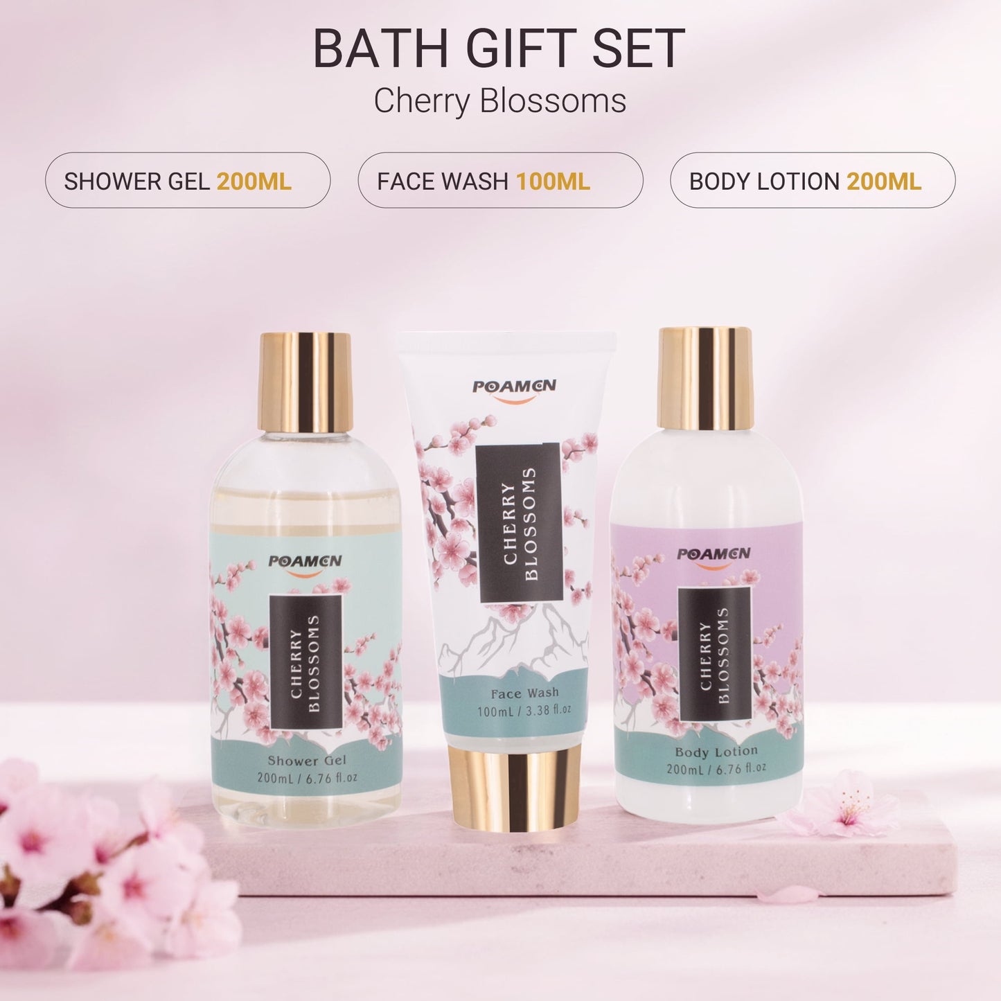 Poamcn Bath and Body Gift Set,Home Spa Gift Set for Women,Japanese Cherry Blossom Scent,3 Piece Set