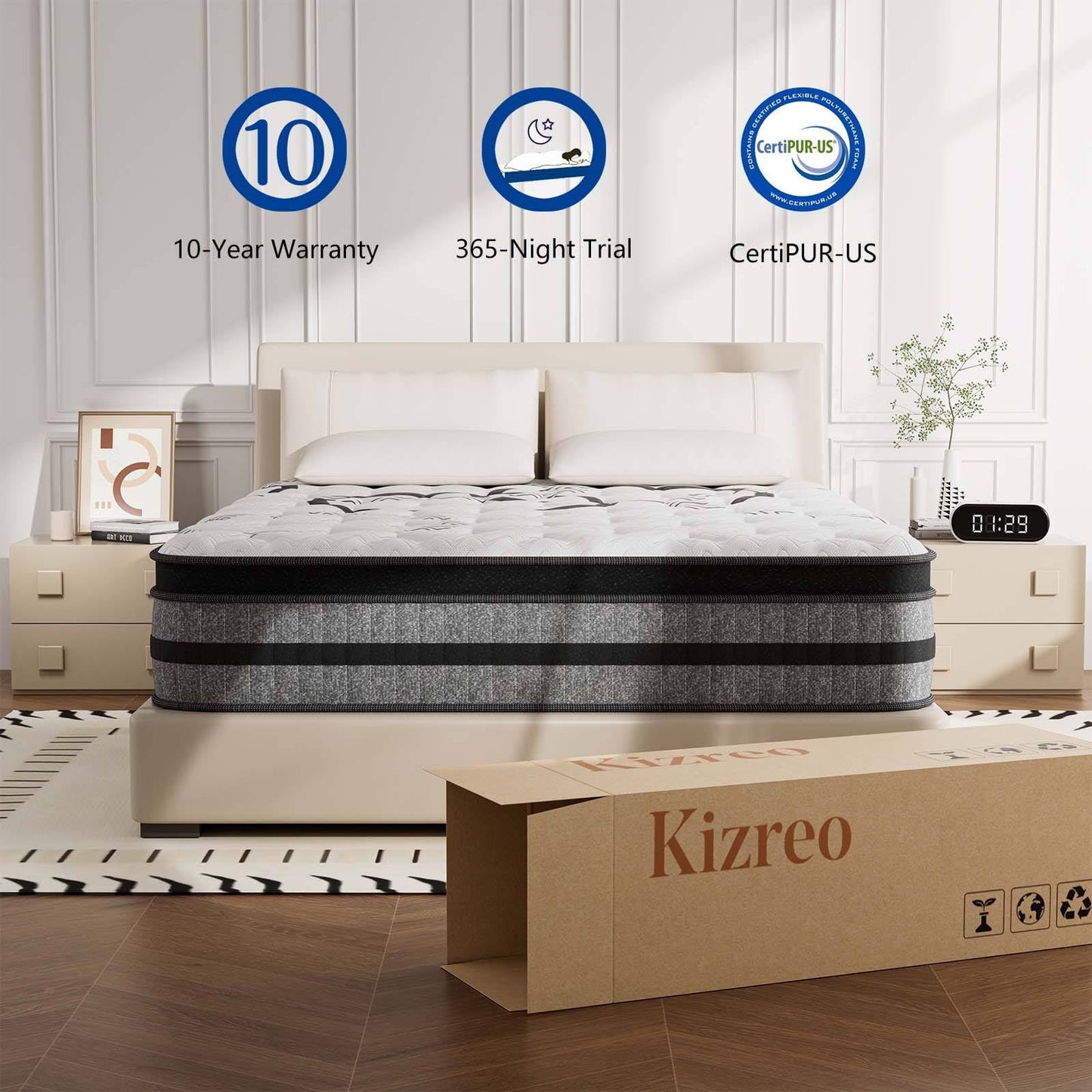 Kizreo Queen Size Mattress in a Box 12" Hybrid Mattress with Euro Top Gel Memory Foam and Individual Pocket Spring, Cool Sleep, Pressure Relief, CertiPUR-US, Firm