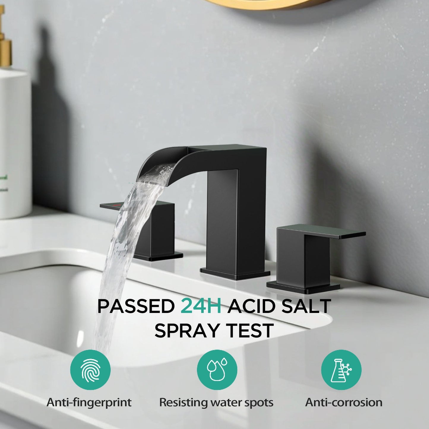 TVOFEK 8 inch Waterfall Bathroom Faucet 3 Hole, Matte Black Bathroom Sink Faucet with Metal Pop-up Drain, 2 Handle Stainless Steel Bathroom Water Faucets for Vanity Lavatory Restroom RV