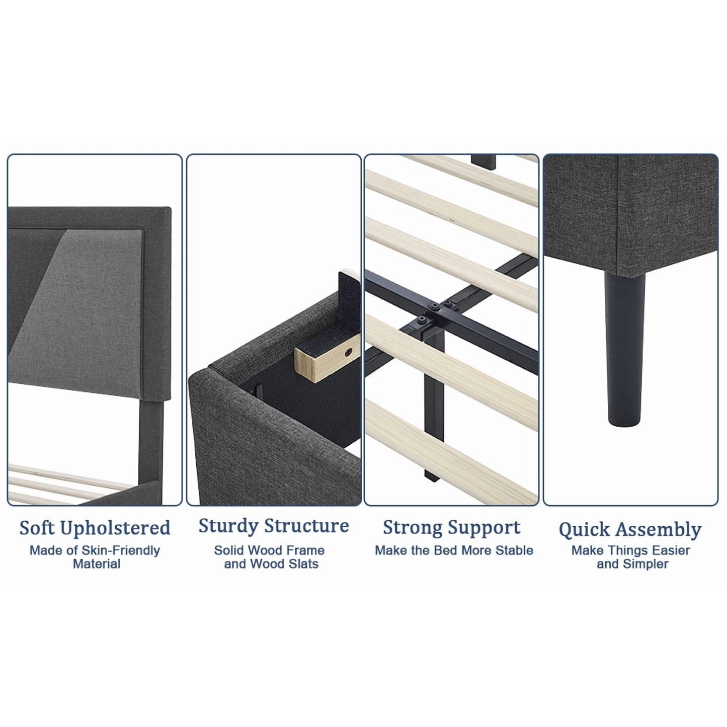 Dranite Solid Wood Bed Frame,Queen Size Bed Frame with Storage Space,Heavy Duty Sturdy Mattress Foundation,Easy Assembly,No Box Spring Needed, Black,Full