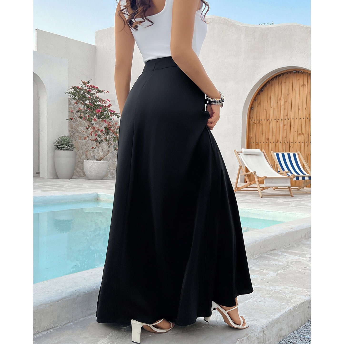 SOMER Dresses for Women Maxi Midi Skirts Long Medium Fancy Flowy Beach Dress Casual High Waist with Pockets for 2025 Trendy Spring Summer Black