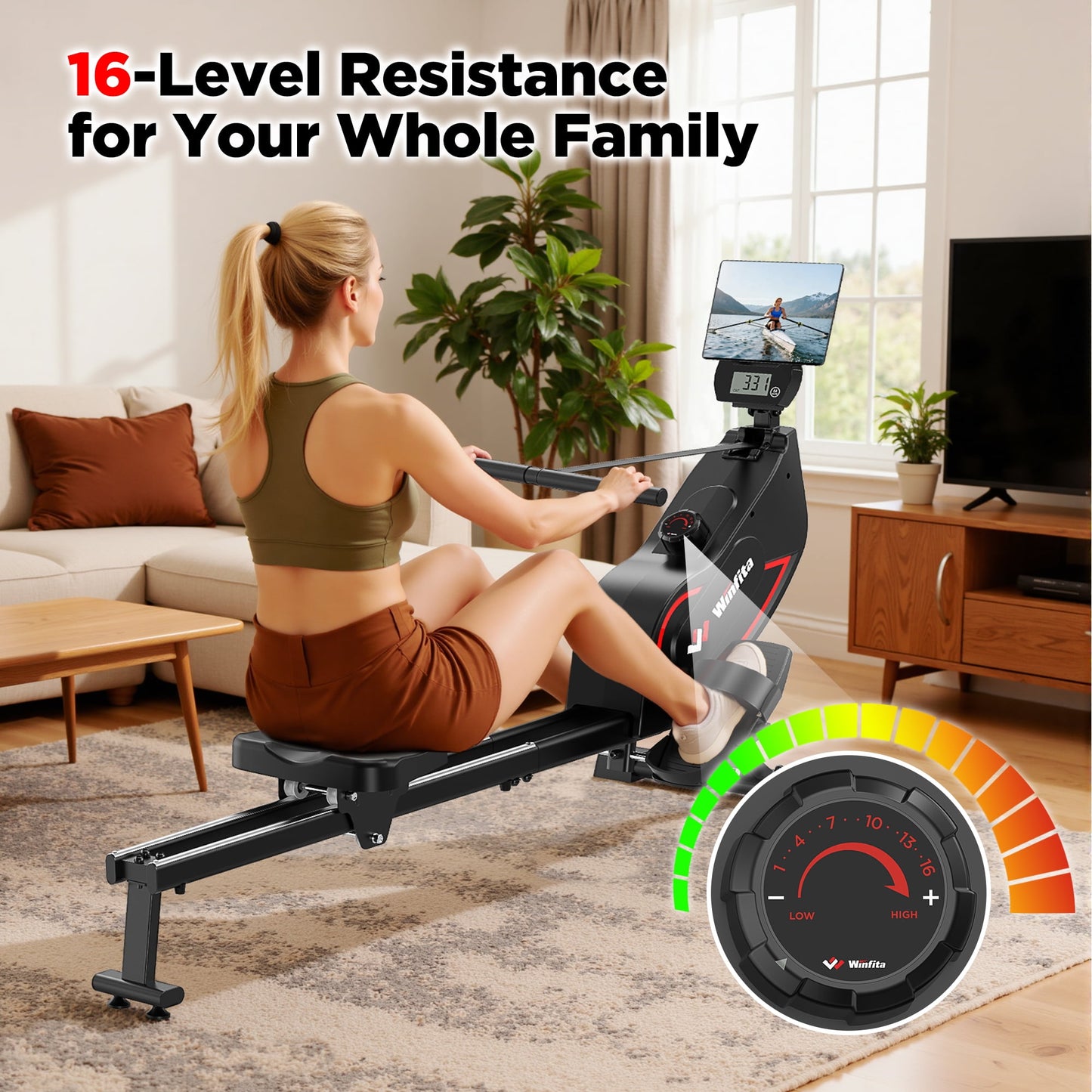 Winfita Rowing Machine for Home, Professional Magnetic Rower Machine Quiet Resistance Dual Slide Rail with Max 350lb Weight Capacity 90% Pre-assembled, Full-Body, Low-Impact Workouts