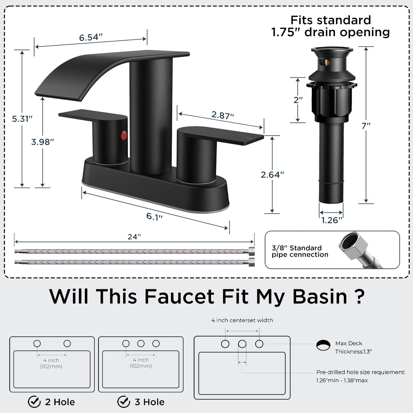 TVOFEK Waterfall Centerset Bathroom Faucets for 2 or 3 Hole with Metal Pop up Drain and cUPC Hose, 4 inch Matte Black Two Handles Basin Sink Faucet for Vanity RV Lavatory
