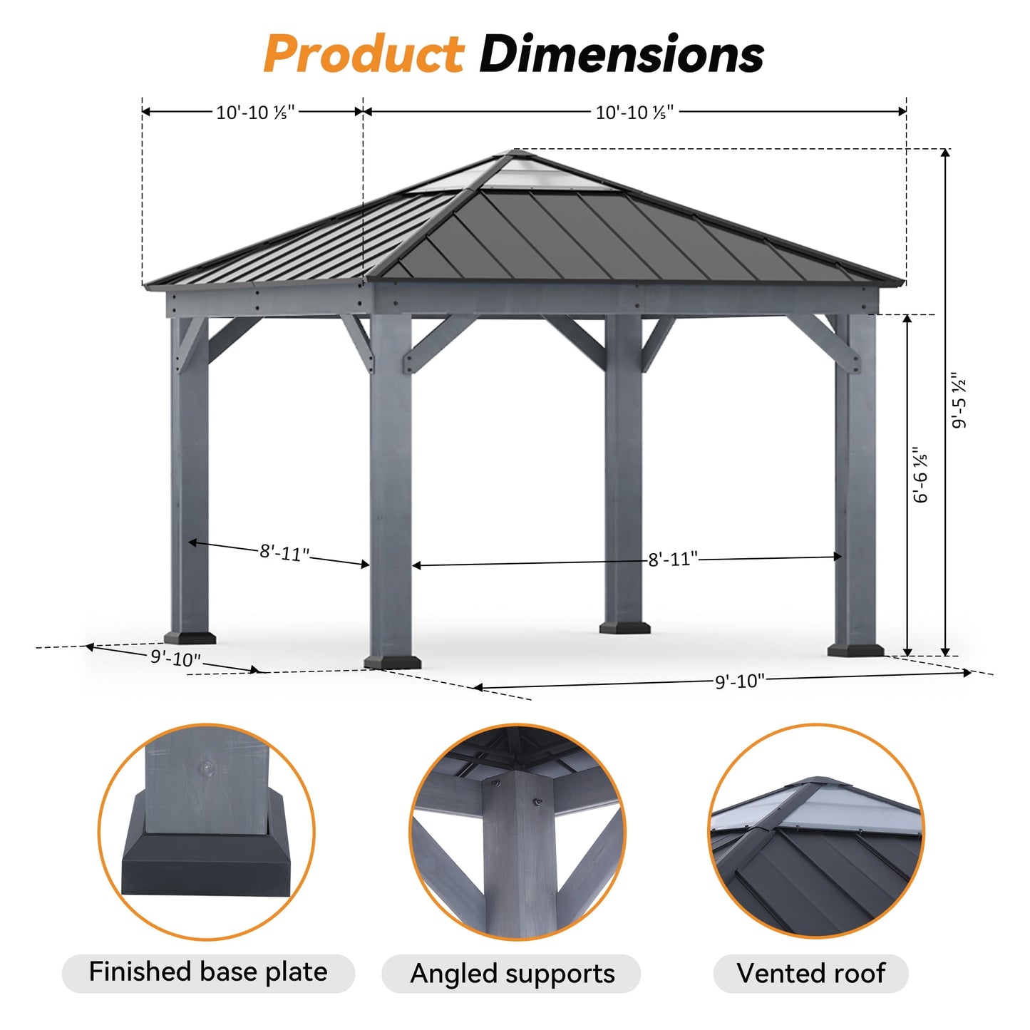 Modern Shade 11‘x11’ Cedar Hardtop Gazebo Galvanized Steel Frame Polycarbonate Roof Backyard Garden Deck