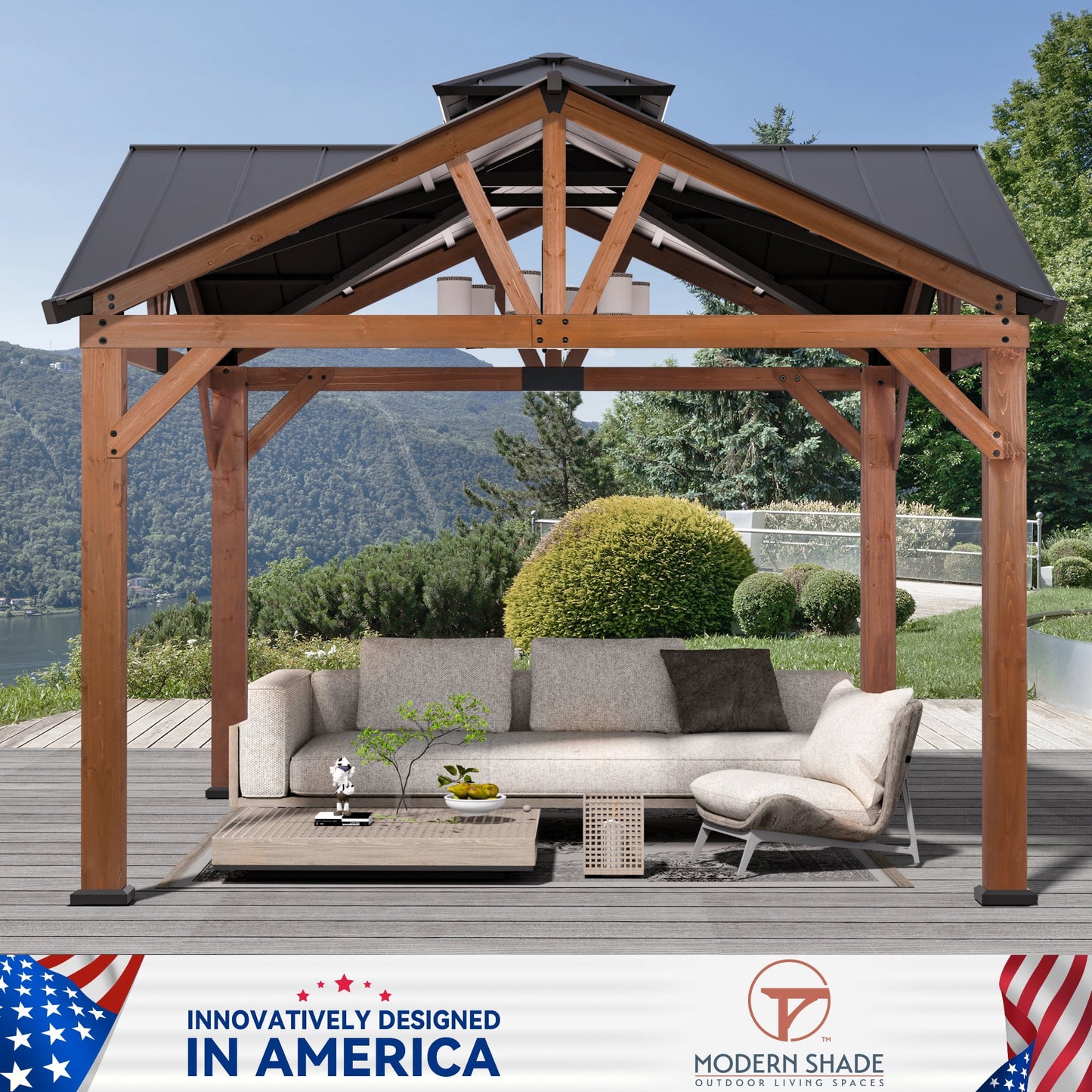 Modern Shade 12'x12' Cedar Hardtop Gazebo - Weatherproof Steel Roof, Permanent Outdoor Structure with FSC-Certified Wood Frame & Rust-Resistant Hardware