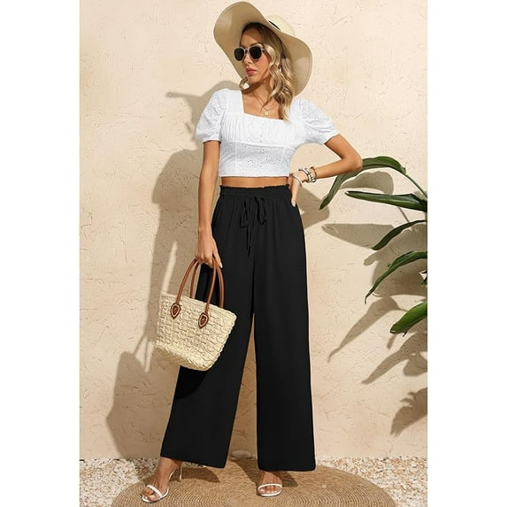 WQD Wide Leg Pant For Women Casual Flowy Dressy Palazzo Pants Adjustable Tie Knot Elastic Waist with Pockets