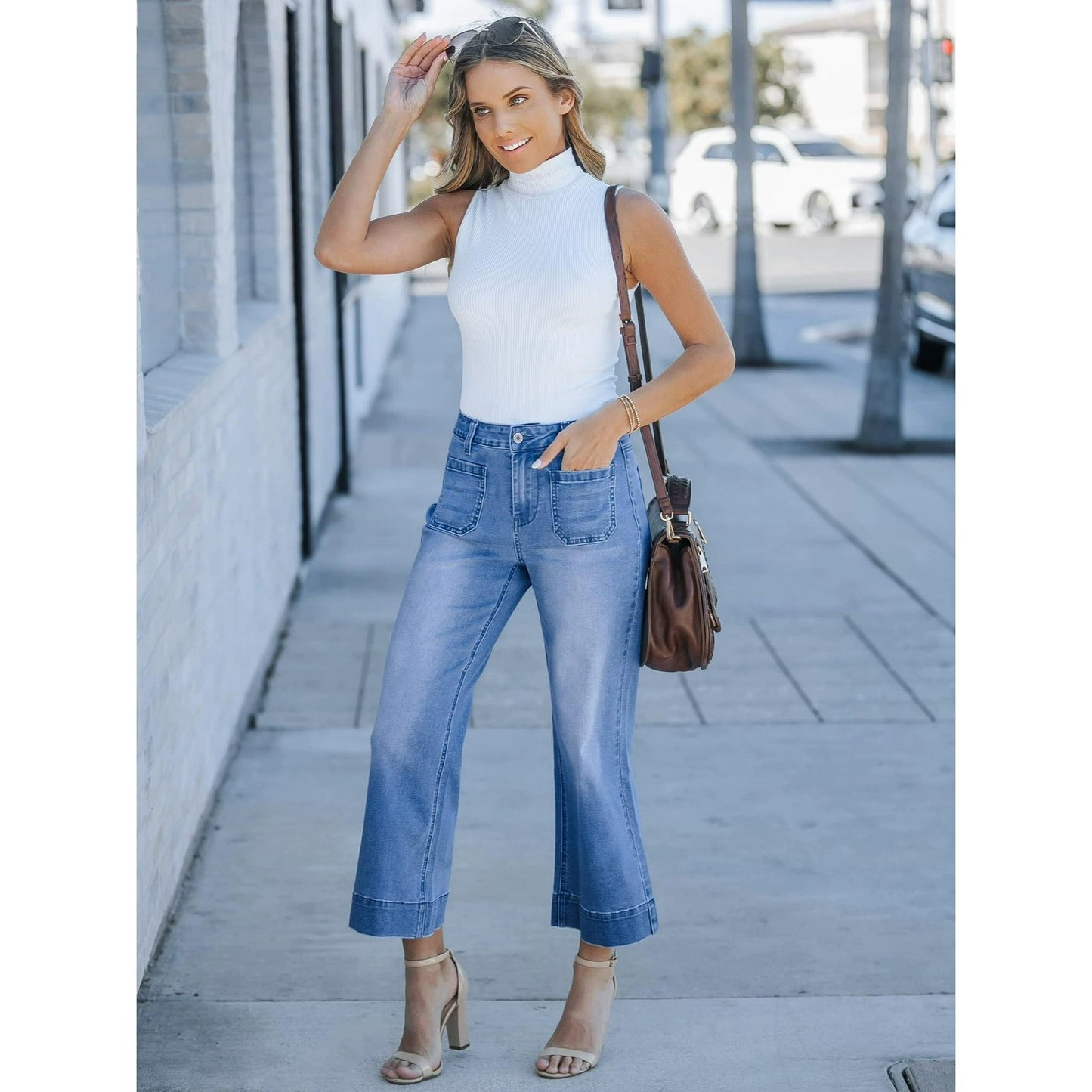 Women's Wide Leg Jeans Denim Pants Crop Flare Leg Jeans High Waisted Stretchy Straight Leg with Buttoned AnklesTrendy Casual with Pocket