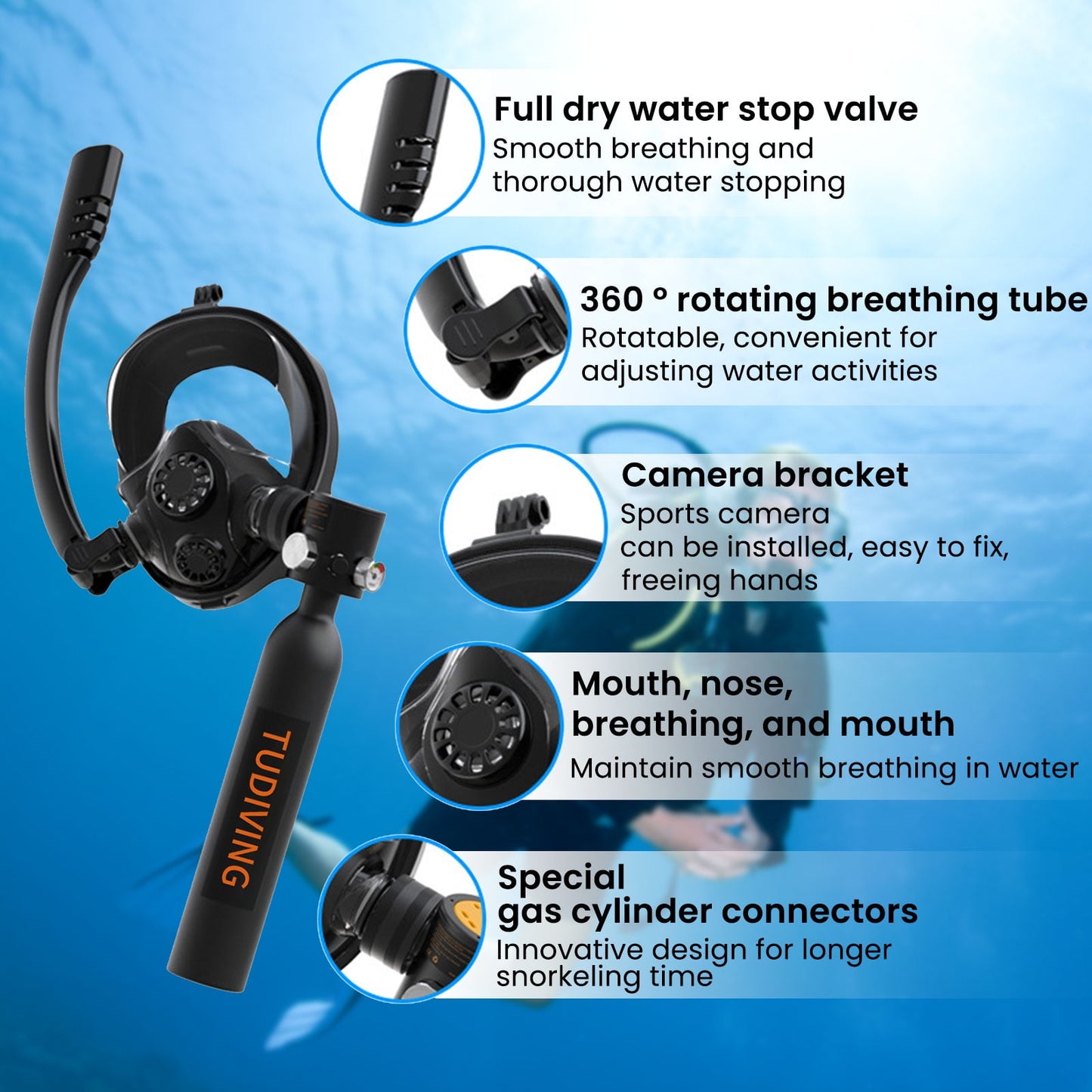 TUDIVING Mini Scuba Tank with Snorkel Mask, 0.5L Portable Small Diving Tank with High Pressure Hand Pump for Snorkeling