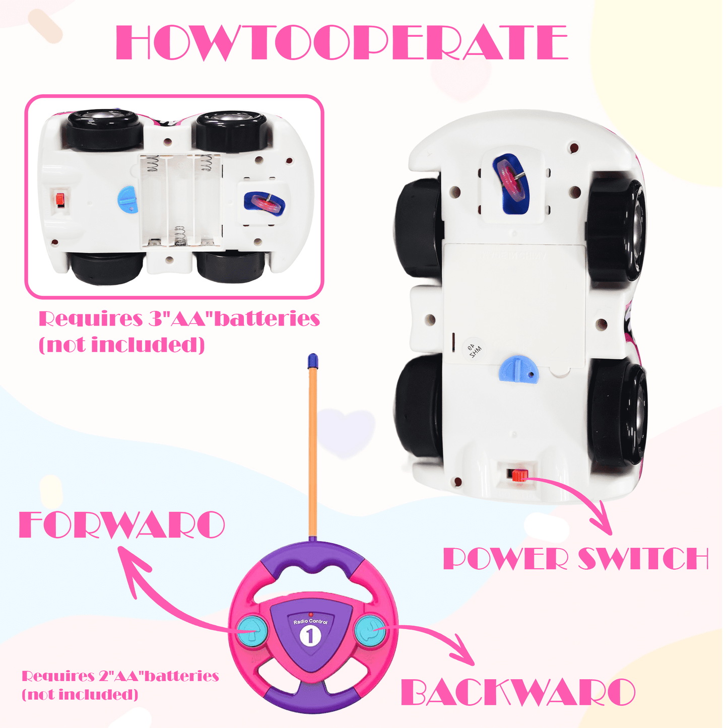 FRESHE Cartoon Remote Control Car, Rc Car with LED Lights & Music, Cars Toys for Ages 2-4,（Pink）