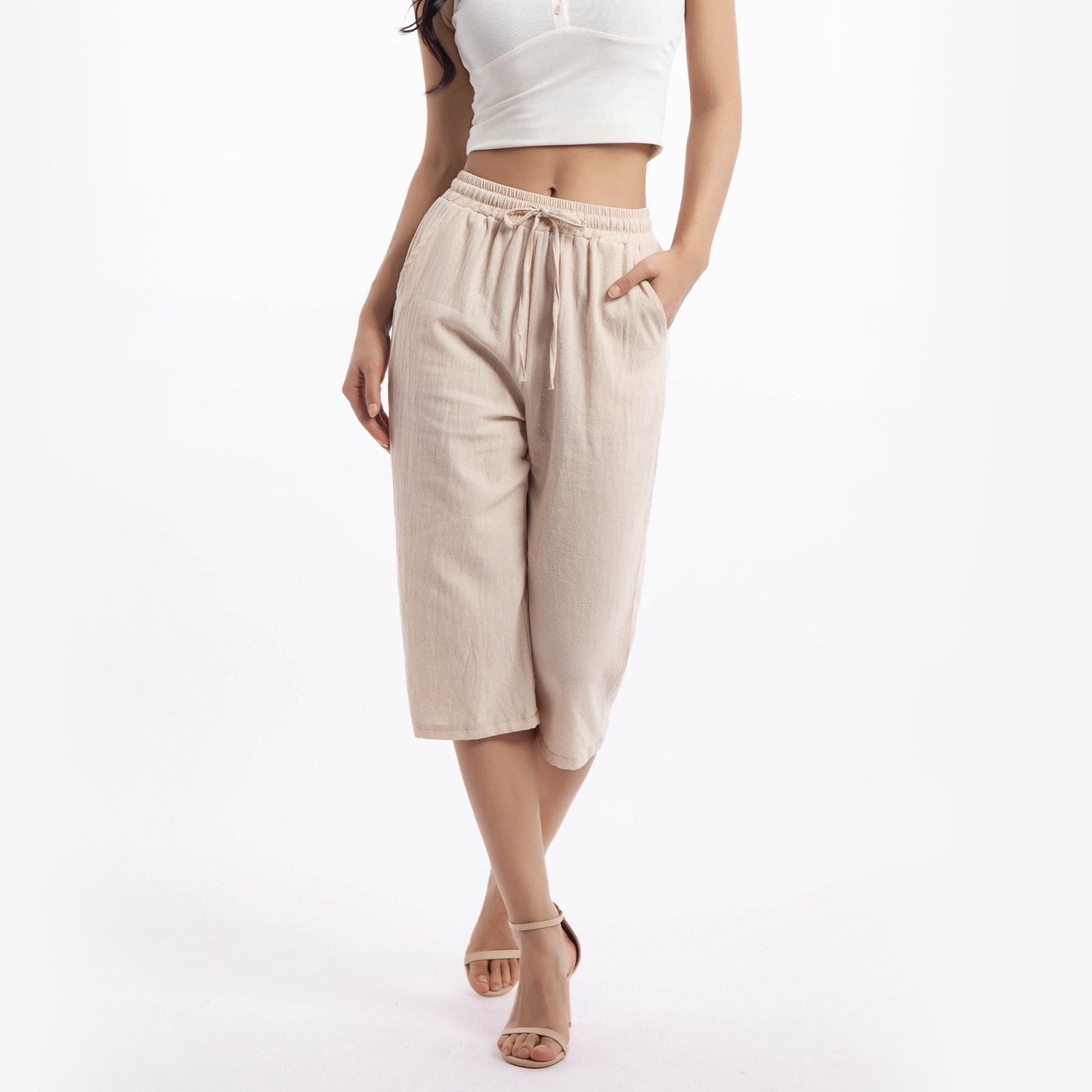 Women's Linen Capri Yoga Pants Drawstring Elastic High Waisted Palazzo Flared Wide Leg Sweatpants with Pockets Workout Trousers Ladies Summer