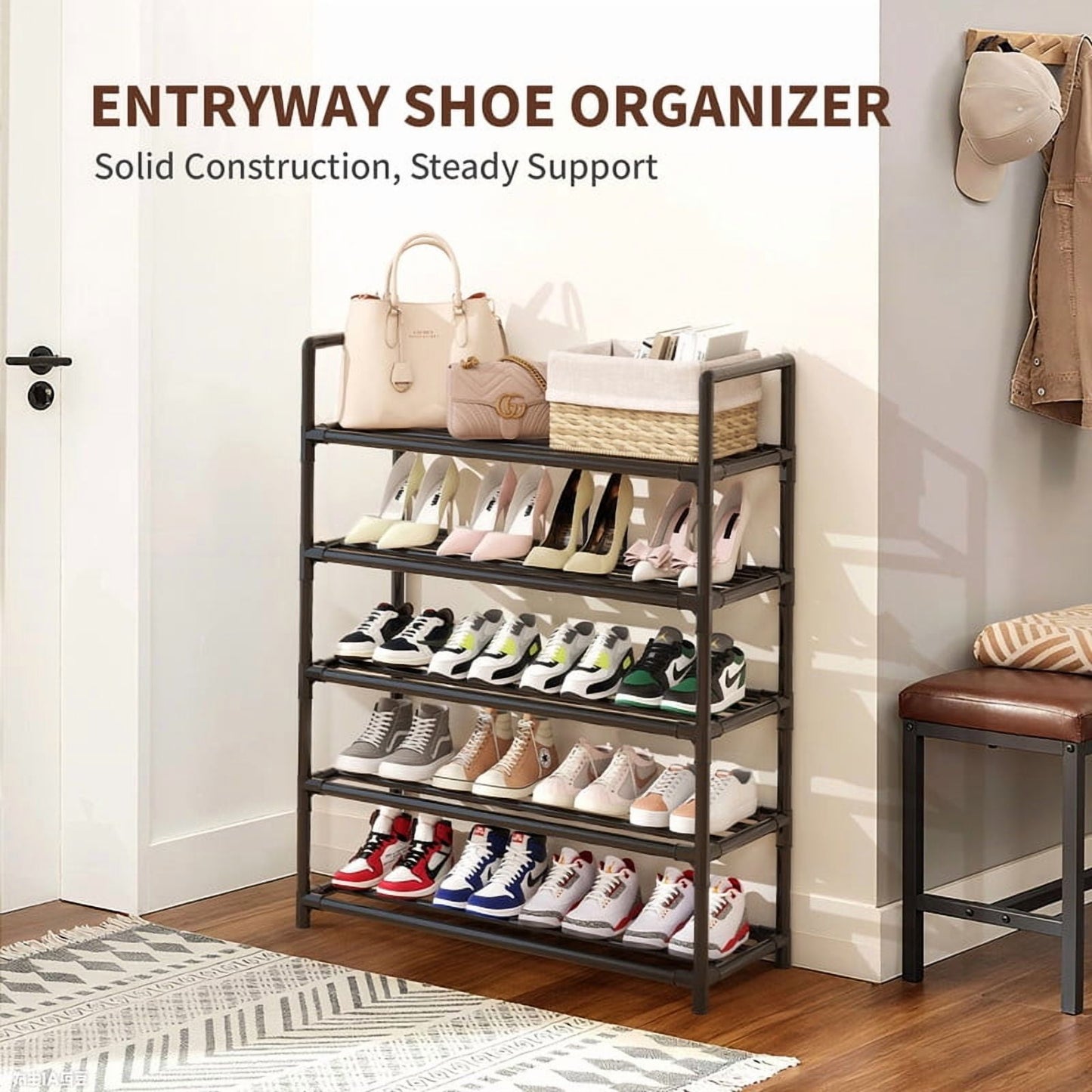 Krpimt 5-Tier Shoe Rack, 31.5" Stackable Shoe Organizer Storage Holds 15-20 Pairs, Metal Shoe Shelf for Entryway Hallway and Closet, Black