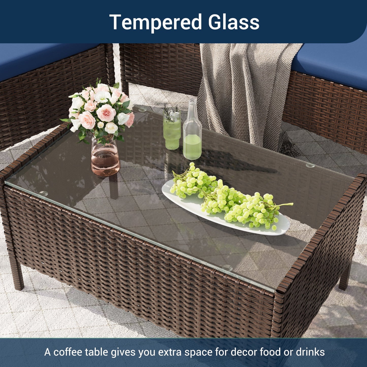 ELPOSUN Patio Furniture 4 Pieces Outdoor Wicker Rattan Chair Balcony Conversation Sets Porch Furniture Sectional Loveseat w Cushions and Table for Backyard Pool Garden (Brown-Blue)