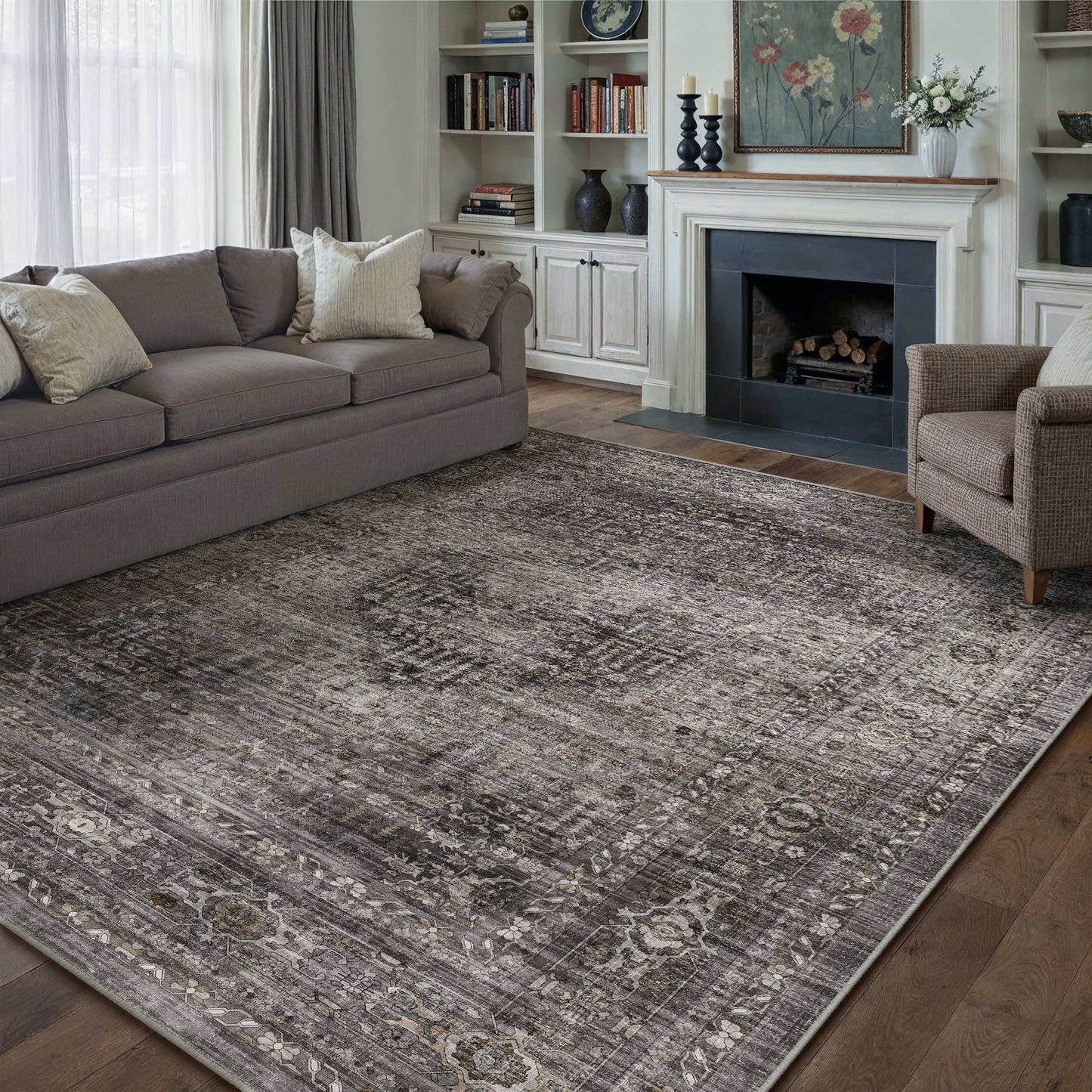 BERTHMEER 8'x10' Area Rugs for Living Room Bedroom Vintage Brown Carpets Kitchen Office Machine Washable Farmhouse Dining Room Oriental Rugs Non Slip Traditional Distressed Rugs