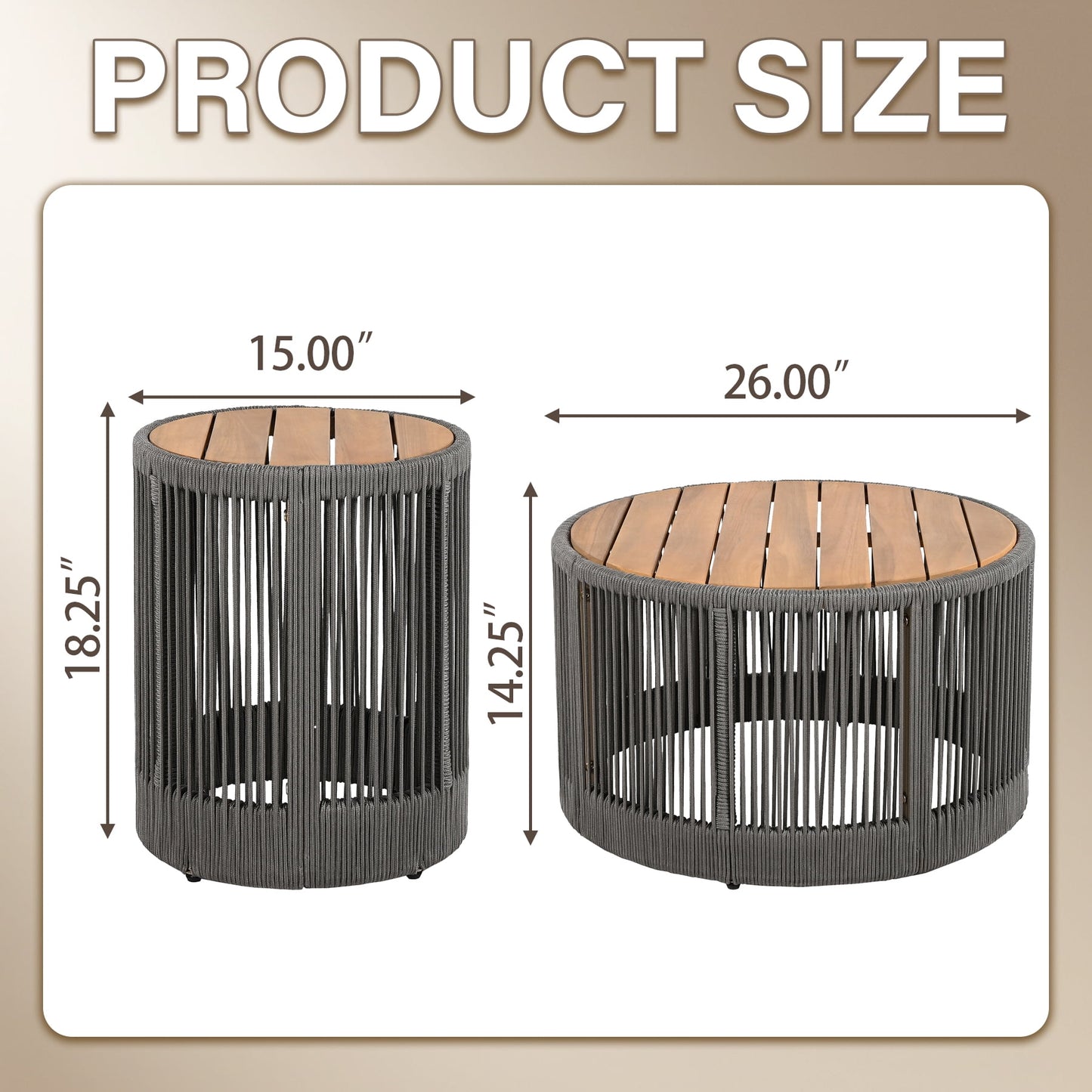 Dranite Rustic Industrial Table Set,Coffee Table & Side Table with Woven Rope Design, Sturdy and Easy Assembly,Wood Look Accent Furniture