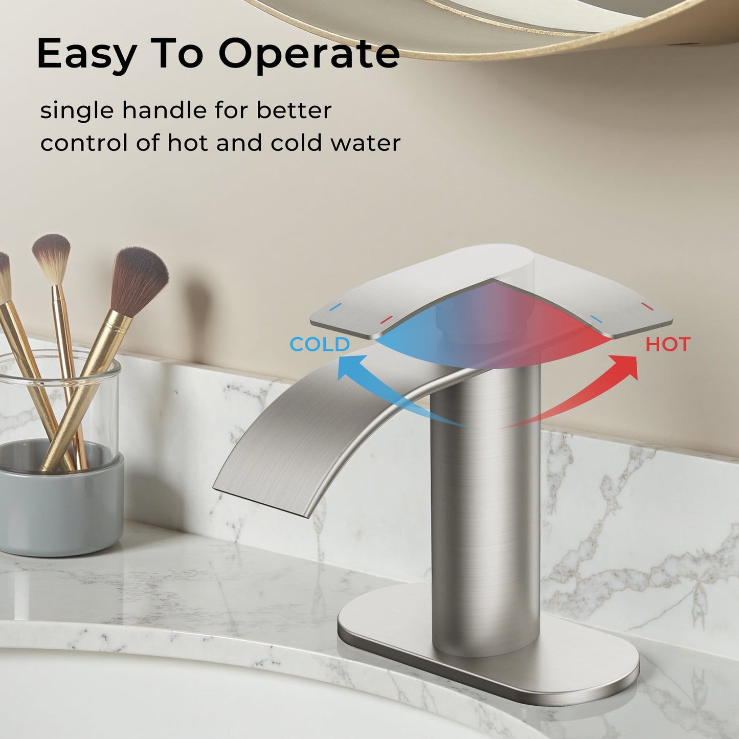 TVOFEK Waterfall Bathroom Faucets for Sink 1 or 3 Hole, Single Handle Vanity Faucet with Metal Pop up Drain and Deck Plate for Basin RV Lavatory, Brushed Nickel