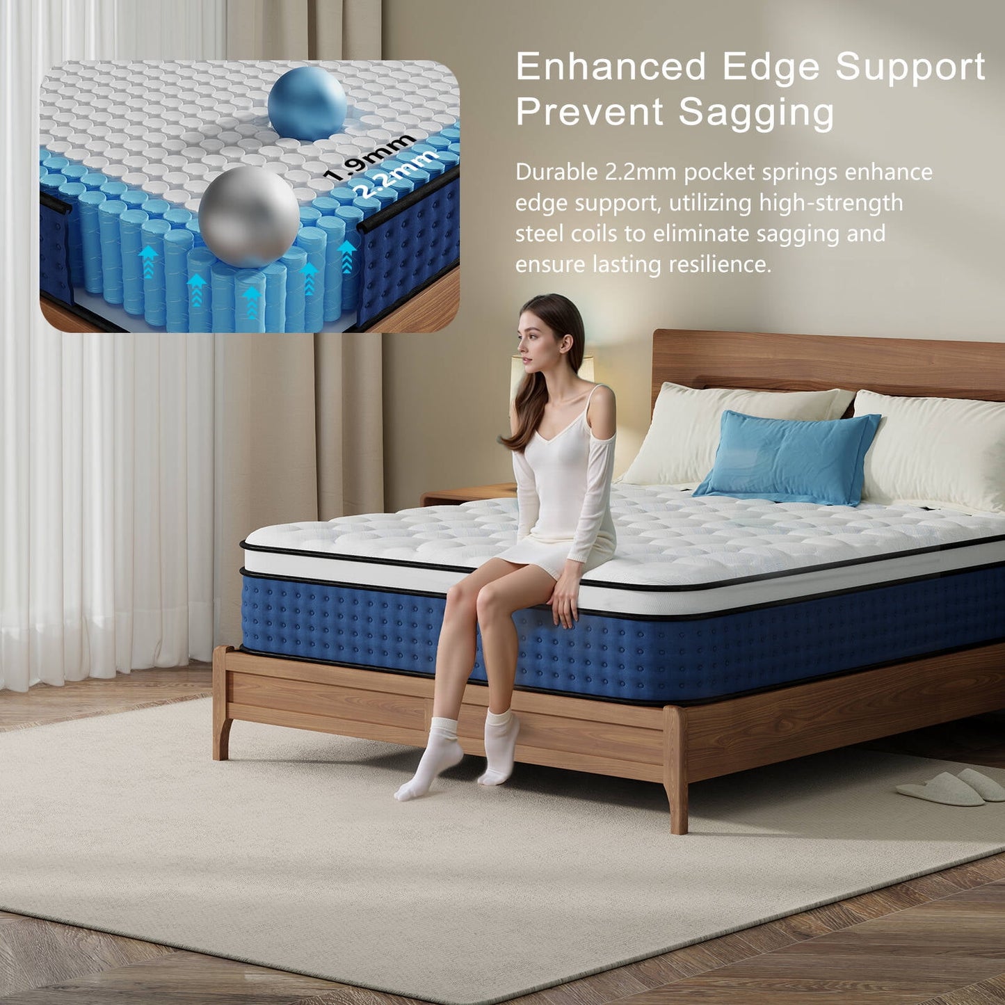GREOO Full Size 12 inch Hybrid Firm Gel Memory Foam Mattress with Reinforced Edge, Pocketed Springs, Pressure Relief, Mattress in a Box, Blue and White