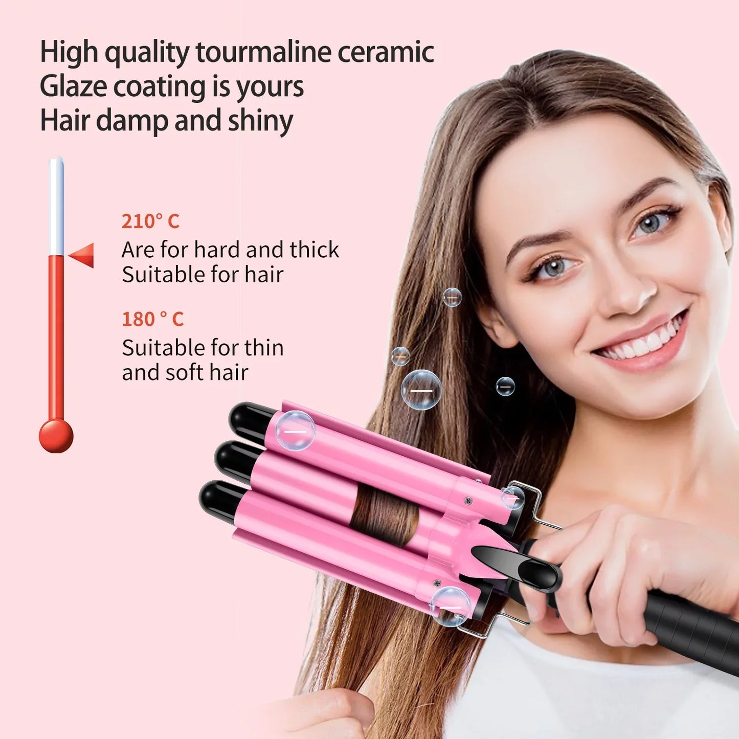 3 Barrel Curling Iron Wand, Jungle Wave 1" Ceramic Triple Barrels Hair Crimper with LCD Display, Gift for Mother's Day, Pink