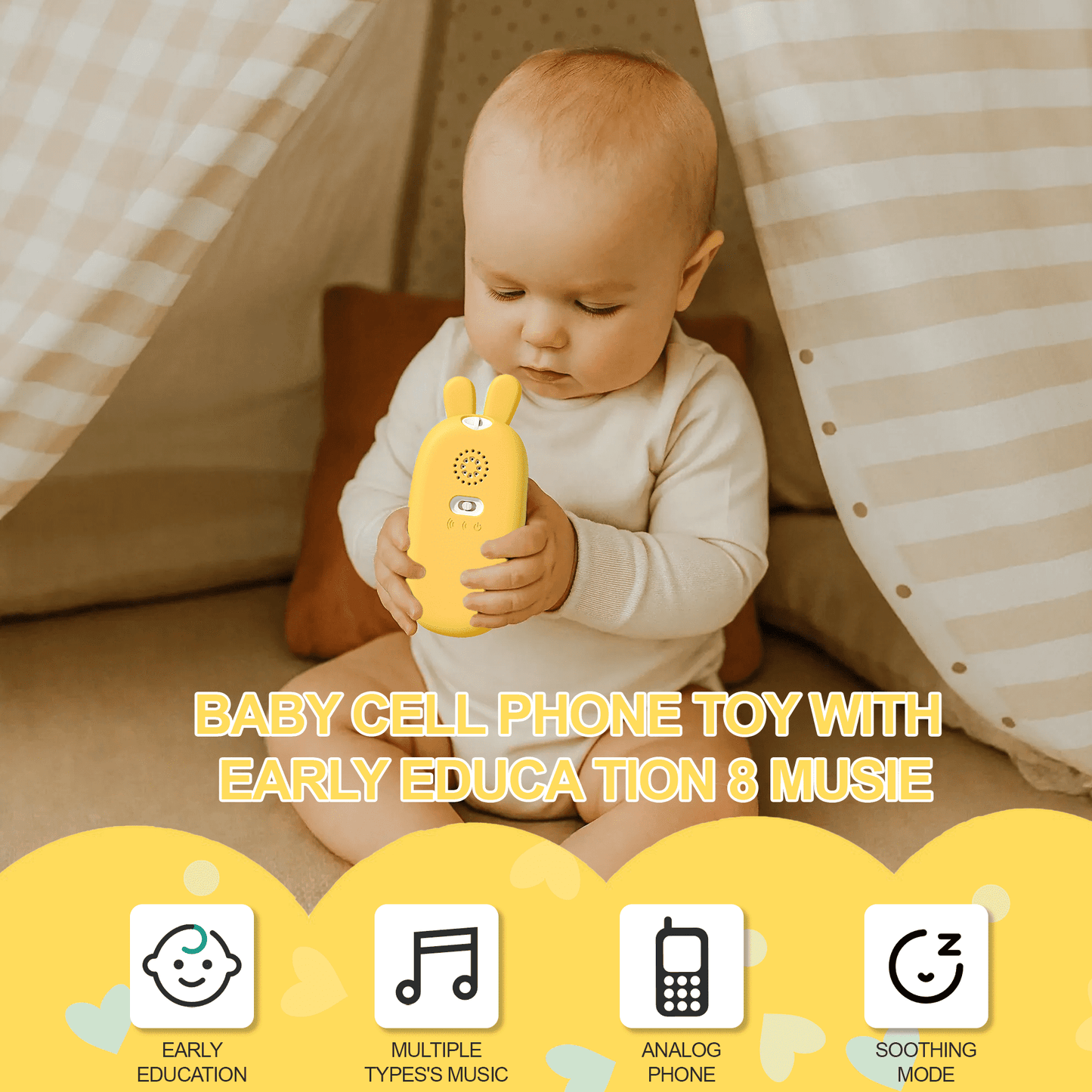 FRESHE Musical Kids Phone Toy with Rabbit Silicone Case, Sensory Learning Toys for 1 Year Old with 13 Functions, Multi Sound Effects & Music, Yellow