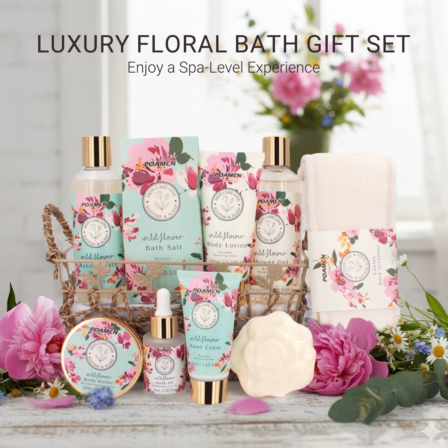 Poamcn Bath and Body Gift Set,Home Spa Gift Basket Set for Women,Japanese Cherry Blossom Scent,9 Piece Set