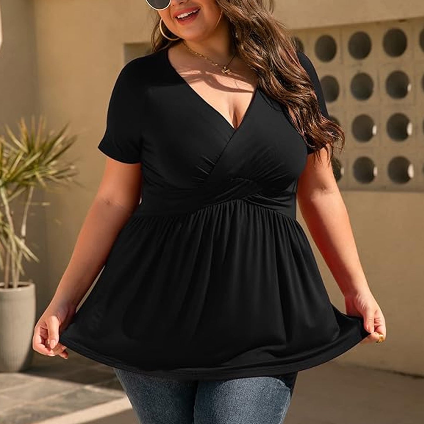 SOMER 2025 Women's Plus Size Tops V Neck Short Sleeve Plus Size Tunic Tops for Women Dressy Wrap Shirts