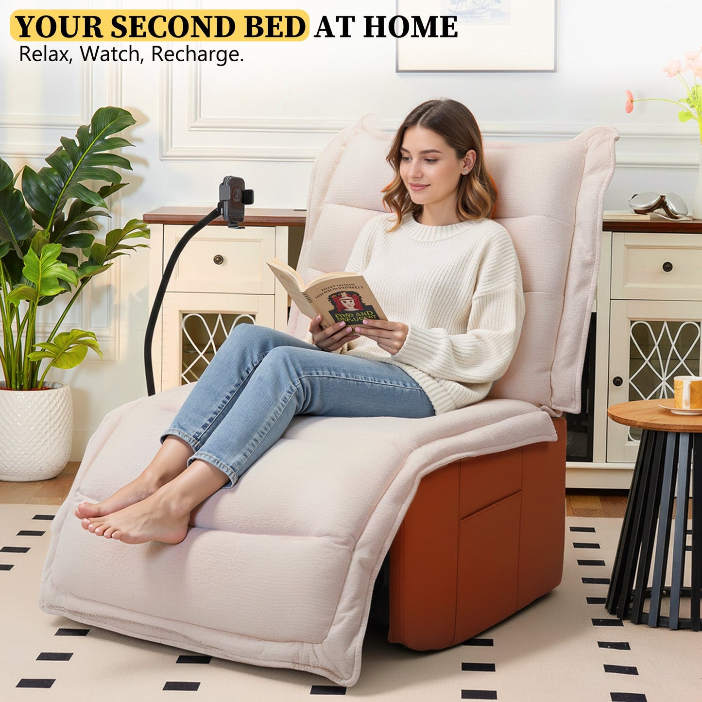 Power Recliner Chair Living Room with Wireless Charging Adjustable Backrest and Footrest, Electric Recliner Chair for Adults, Luxurious Chenille Fabric, Beige